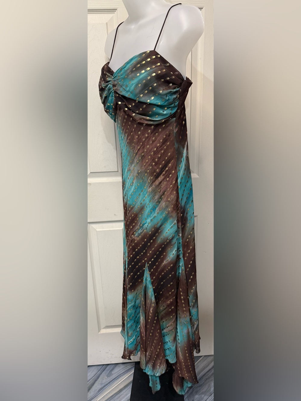 SL Fashions Dress Brown and Teal Print with Gold Dots